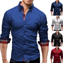 Fashion Plaid Spliced Long Sleeve POLO Collar Men's Shirt