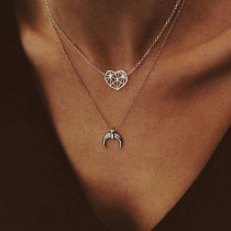 Fashion Hollow Out Heart Crescent Pendant Duoble-layer Necklace
