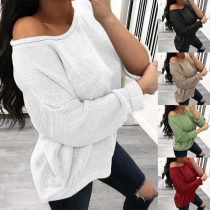 Fashion Solid Color Long Sleeve Oblique Shoulder Loose Sweater