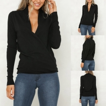 Fashion Deep V-neck Long Sleeve Crossover Solid Color Shirt