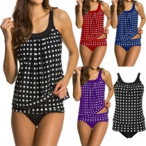Fashion Sling Round-neck Sleeveless Wave Points Printed Pattern Top + Underwear Swimsuit Set