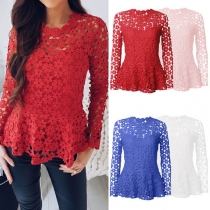 Sexy Hollow Out Lace Spliced Long Sleeve Round Neck Top 