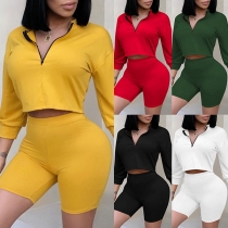 Fashion Solid Color 3/4 Sleeve Crop Top + High Waist Shorts Two-piece Set