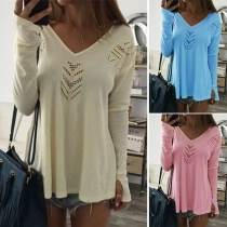 Fashion Solid Color Long Sleeve V-neck Hollow Out T-shirt 