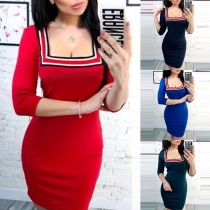 Fashion Contrast Color 3/4 Sleeve Square Collar Slim Fit Dress