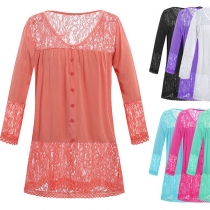Fashion Solid Color Lace Spliced 3/4 Sleeve V-neck Top