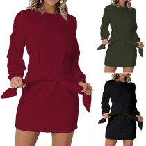 Fashion Solid Color Long Sleeve Knotted Slim Fit Dress
