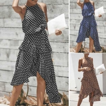 Sexy Backless Irregular Hem Dots Printed Sling Dress