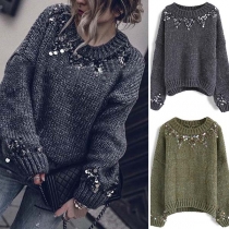 Fashion Sequin Spliced Long Sleeve Round Neck Sweater 