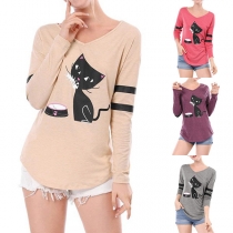 Cute Cat Printed Long Sleeve V-neck T-shirt