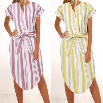 Fashion Short Sleeve V-neck Irregular Hem Striped Dress