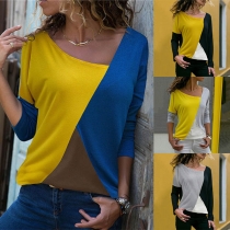 Fashion Contrast Color Long Sleeve Round Neck T-shirt