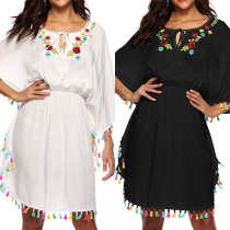 Ethnic Style Colorful Tassel Spliced 3/4 Sleeve Embroidered Dress