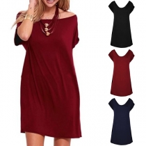Sexy Off-shoulder Boat Neck Short Sleeve Solid Color Dress