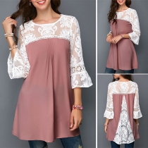 Fashion Lace Spliced 3/4 Sleeve Round Neck Loose Top
