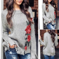 Fashion Long Sleeve Round Neck Frayed Hem Embroidered Spliced Sweater