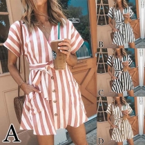 Fashion Short Sleeve V-neck Single-breasted Striped Dress