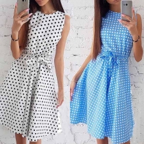 Fashion Sleeveless Round Neck Dots Printed A-line Dress