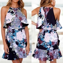 Sexy Off-shoulder Slim Fit Ruffle Printed Dress