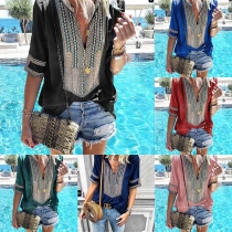 Ethnic Style Short Sleeve V-neck Printed Loose Top