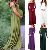 Sexy Off-shoulder Boat Neck High Waist Solid Color Maternity Dress