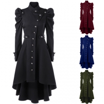 Fashion Solid Color Long Sleeve Stand Collar High-low Hem Windbreaker Coat