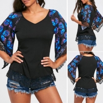 Fashion Lace Spliced Printed Trumpet Sleeve V-neck T-shirt 