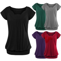 Fashion Solid Color Short Sleeve Square Collar T-shirt 