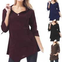 Fashion Solid Color 3/4 Sleeve V-neck Irregular Hem Hooded T-shirt