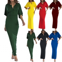 Elegant Solid Color Half Sleeve V-neck Maxi Dress