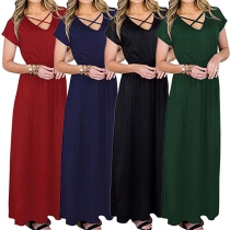 Fashion Solid Color Short Sleeve V-neck High Waist Maxi Dress