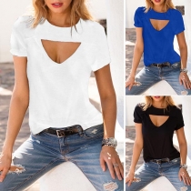 Fashion Solid Color Short Sleeve Round Neck Hollow Out T-shirt