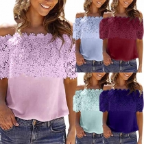 Sexy Lace Spliced Boat Neck Solid Color T-shirt 