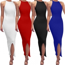 Sexy Slit Hem Sleeveless Solid Color Tight Dress