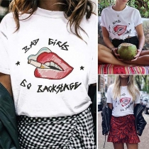 Hip-hop Style Red-lip Printed Short Sleeve Round Neck T-shirt