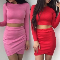 Sexy Solid Color Long Sleeve Round Neck Crop Top + Skirt Two-piece Set