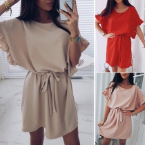 Fashion Round-neck Solid Color Lotus Spliced Short Batwing Sleeve Dress