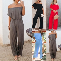 Fashion Solid Color Boat-neck Off-shoulder Short Sleeve Casual Jumpsuit