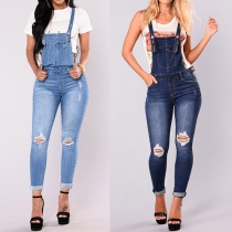 Fashion Solid Color Slim Fit Pockets Suspender Ripped Jeans