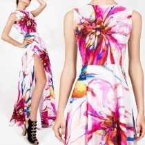 Fashion Round-neck Sleeveless Girdling Side-slit Printed Pattern Dress