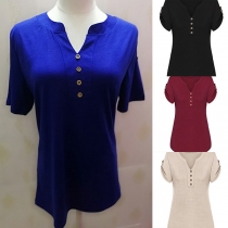 Fashion Solid Color V-neck Short Sleeve Front Buttons Shirt