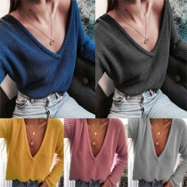 Sexy Deep V-neck Long Sleeve Solid Color Sweater 