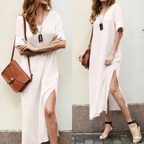 Fashion Solid Color Deep V-neck Short Sleeve Side-slit Long Dress