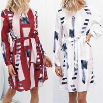 Fashion Long Sleeve Round Neck Geometric Print Dress