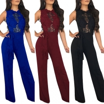 Sexy Lace Spliced Sleeveless High Waist Solid Color Jumpsuit