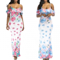 Sexy Cold-shoulder Lotus Spliced Printed Pattern Slim Fit Over-hip Dress