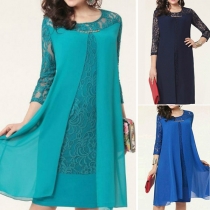 Elegant Solid Color Lace Spliced 3/4 Sleeve Round Neck Dress