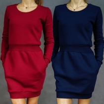 Fashion Solid Color Long Sleeve Round Neck Sweatshirt Dress