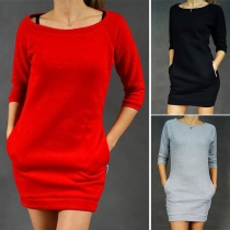 Fashion Solid Color 3/4 Sleeve Round Neck Sweatshirt Dress