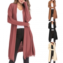 Fashion Solid Color Long Sleeve Tassel Hem Knit Cardigan